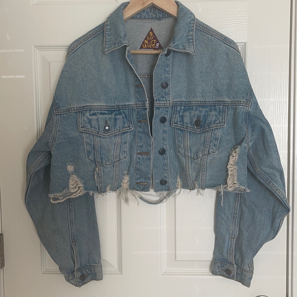 Signature 8 Crop Denim Distressed Jacket